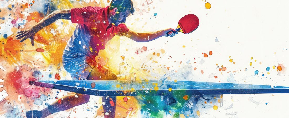 Colorful watercolor painting of table tennis players in action on match